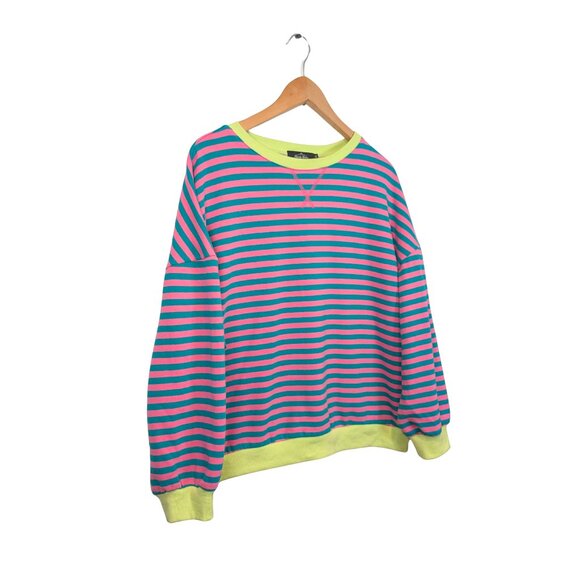 Trendy Queen Womens XL Pullover Sweater Striped Teal Pink Neon Yellow Oversized - Picture 2 of 8